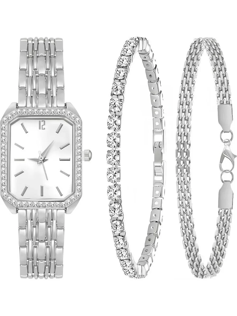 Women's All Silver Jewelry Stainless Steel Diamond Bracelets Set Square Watch